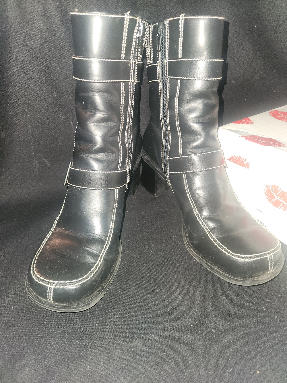 Two Lips Black Mid-Calf Heeled Boots with Contrast Stitching #440